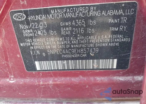 2014 Hyundai Sonata Se из США, поврежденный, VIN 5NPEC4AC9EH857439